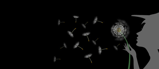 Dandelion. The girl blows on the flower, and the seeds scatter in different directions.
