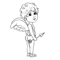 Cute cupid with a arrow vector doodle art. Outline little angel or god eros. Cute amur baby, heart hunter romantic character. Design for coloring page, Valentines day, cards, posters, template.