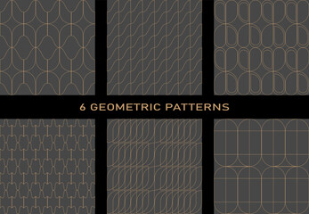 A set of 6 geometric seamless patterns made in the same style. Dark gray background, golden lines, geometric shapes and minimalism.