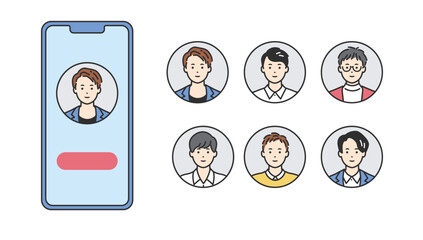 【丸背景】スマートフォンとオフィスカジュアルの男性人物アバター