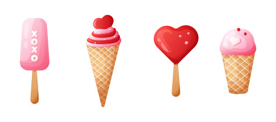 set of cartoon stickers for valentine's day. illustration with cute pink ice cream. element for postcard, menu, congratulations