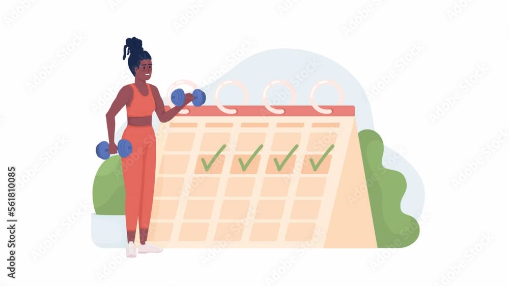 Poster animated workout schedule. weight loss routine. looped 2d cartoon flat character on white with alpha
