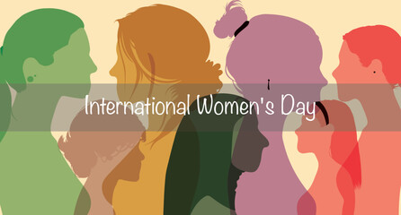 Group of women from different ethnicities stands together. International Women's Day. Group of women of different ages stands together.	Flat vector illustration