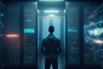 Big data storage, digital software development, and the idea of cyber security all include technology. Programmer and software engineer in front of a data center and server room while utilizing a comp