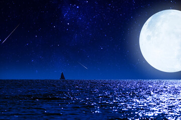 Sailing boat silhouette with starry Milky Way skies and full Moon above open ocean waters.