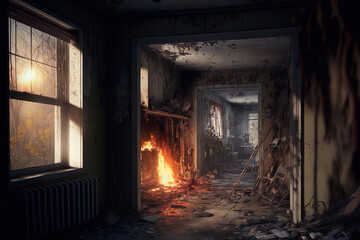 Fototapeta na wymiar Interior of a home damaged by fire. Generative AI