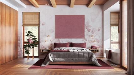 Modern wooden bedroom with bathtub in white and red tones. Double bed, freestanding bathtub, parquet and wallpaper. Japandi interior design