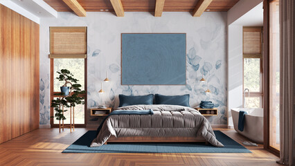 Modern wooden bedroom with bathtub in white and blue tones. Double bed, freestanding bathtub, parquet and wallpaper. Japandi interior design