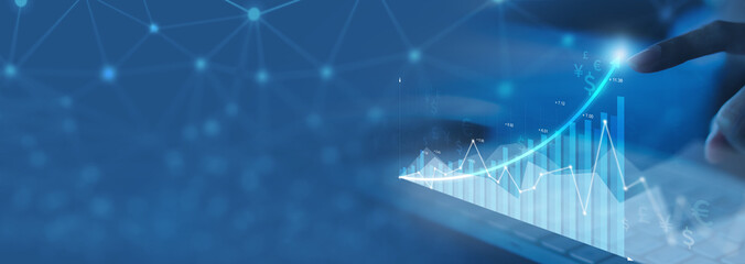 analysis profitability of working companies with digital augmented reality graphics, positive indicators businesswoman calculates financial data for long-term investments.