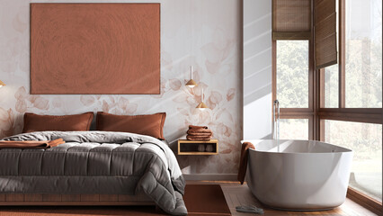 Obraz na płótnie Canvas Minimalist wooden bedroom with bathtub in white and orange tones, close up. Double bed, parquet floor and wallpaper. Japandi interior design