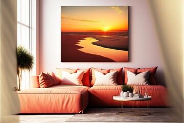 Modern living room with sofa and a landscape Photo. Genrative AI