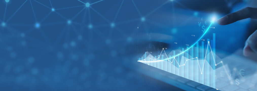 analysis profitability of working companies with digital augmented reality graphics, positive indicators businesswoman calculates financial data for long-term investments.