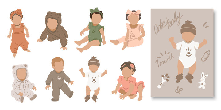 Collection images of cute baby. Vector illustration of children. Boho girls and boys drawing for prints, wall art, decor, cover, greeting cards and invitations.