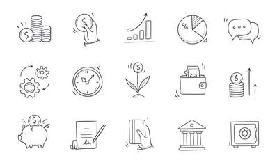 Business doodle icon. Finance, money, investment hand drawn sketch style icon. Money, coin, financial symbol comic doodle drawn collection. Vector illustration