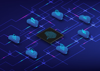 Abstract background big data connection technology of the microcomputer with the cloud, finance, investment, shopping, security The information lines below are illuminated on  blue gradient background