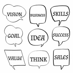 Set doodle hand drawn speech bubbles of VISION, BUSINESS, SKILLS, GOAL, IDEA, success, VALUE, THINK, SALES. Elements of Effective Teamwork. Vector design illustration