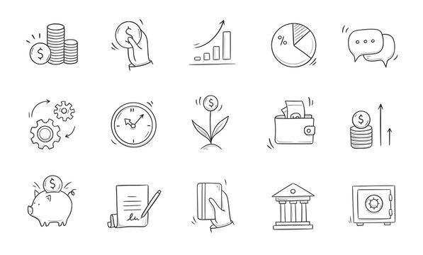 Business doodle icon. Finance, money, investment hand drawn sketch style icon. Money, coin, financial symbol comic doodle drawn collection. Vector illustration