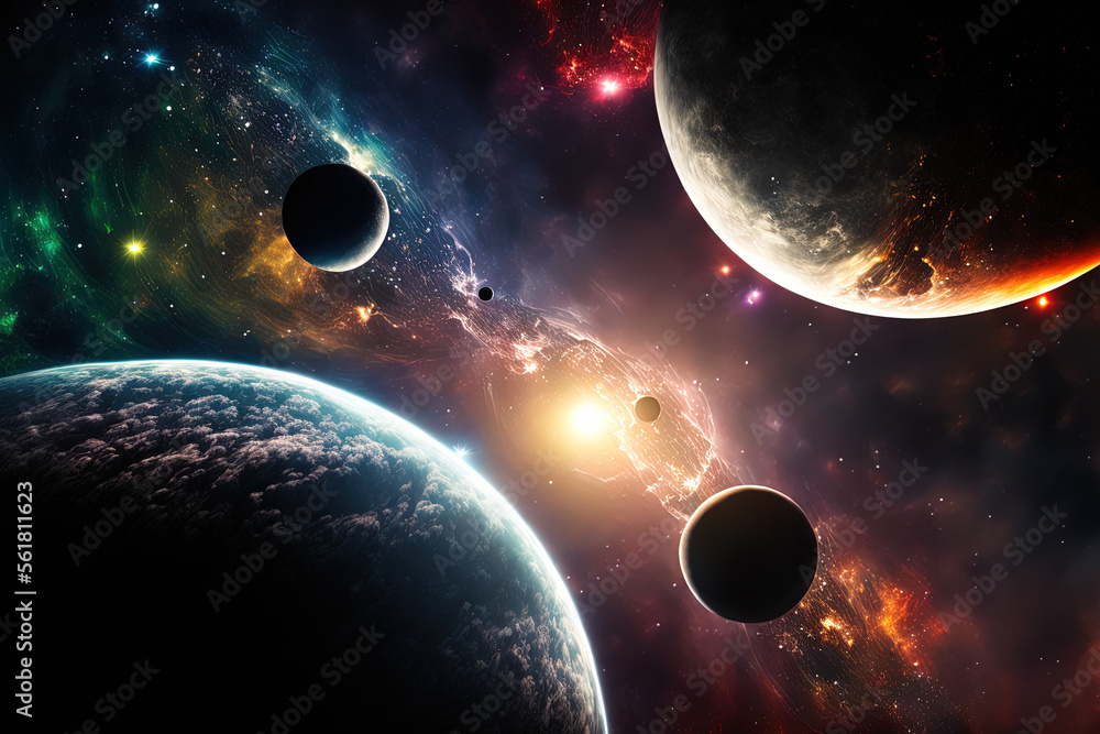 Poster planets over the nebulae in space. generative ai
