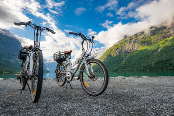 Fototapeta na wymiar Electric bicycle on the background of nature Norway