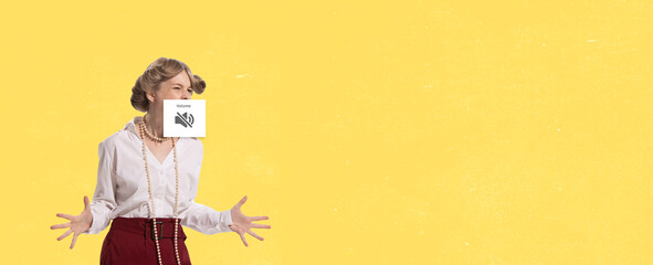 Young girl shouting. Mute mode. Contemporary art collage. Retro, vintage style. Minimalism. Banner. Social network, communication, relationship