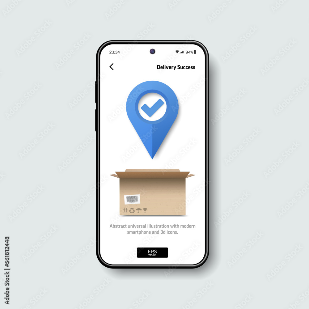 Poster realistic smartphone mockup with map pin, check symbol and open cardboard box on screen for. online 