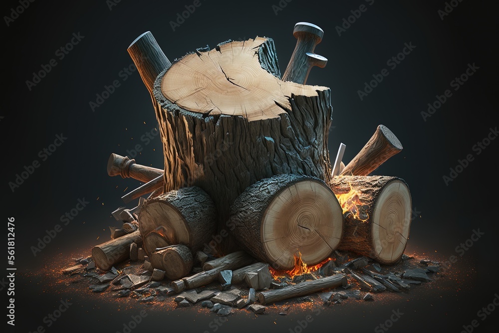 Poster slicing of wood logs for fires buried ax in tree trunk generative ai