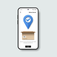 Realistic smartphone mockup with map pin, check symbol and open cardboard box on screen for. Online order tracking, delivery success, fast shipping and logistic concept. 3D Vector