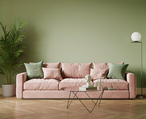 3d render of a contemporary design sage green living room with a pink velvet sofa, a glass coffee table and a stylish floor lamp. The green wall is empty