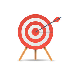 Red target with arrow, standing on a tripod. Goal achieve, strategy, success, solution concept. 3d realistic vector illustration isolated on white background. Transparent shadows