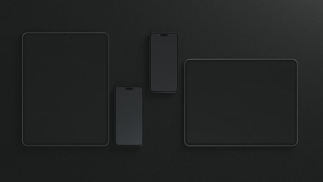 Apple devices on dark background mockup. Front view of iPad and iPhone. iOS 16. Tablet and smartphone template. Dark Background