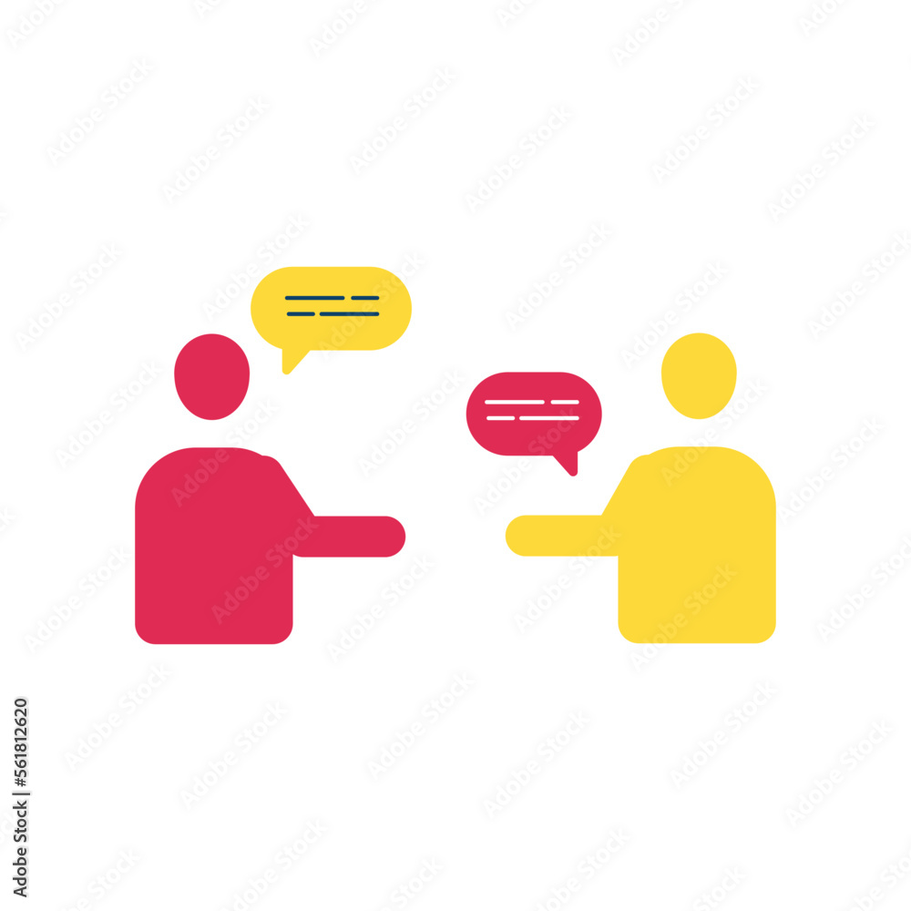 Poster two abstract people with speech bubbles. business discussions with team dialogue and debate for prod