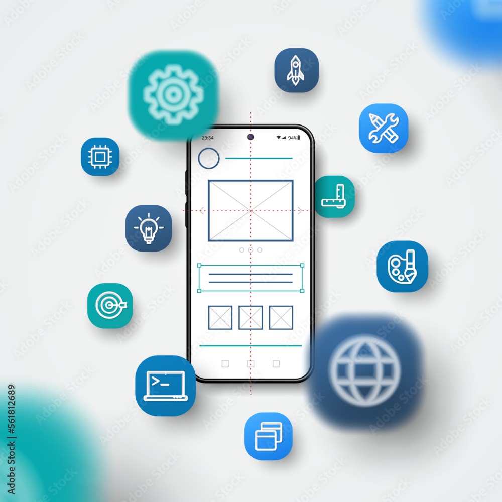 Poster mobile application development, ui, ux project concept. realistic smartphone mock up, 3d icons flyin