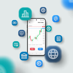Online trade, Market investment, candlestick chart concept. Realistic smartphone mockup, 3d icons flying over screen. Business application, stock sell and buy button. Vector background, blur effect.
