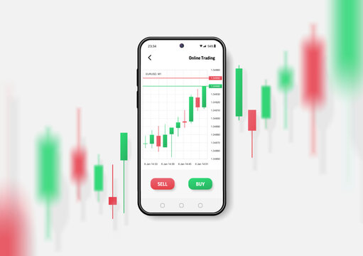 Realistic smartphone mockup. 3d candlestick chart of stock sale and buy. Market investment, online trade on mobile phone. Vector transparent shadow, blur effect. Business application interface design.