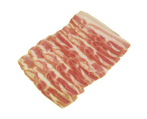 Many bacon slices isolated on white background, top view.