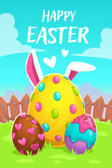 Happy Easter greeting card in cartoon style