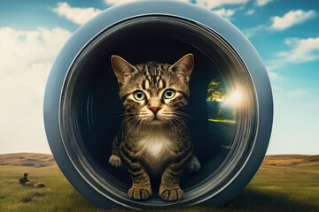cat looking out of round portal, surreal, Generative AI