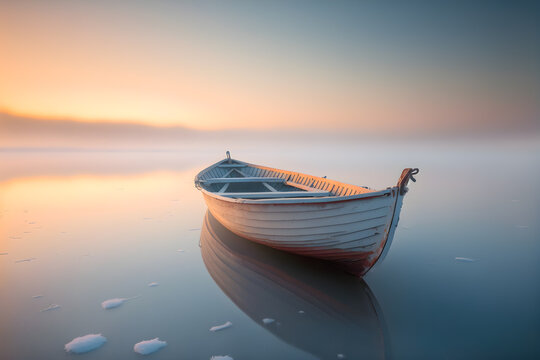 Minimalist picture of a small boat on a partially frozen lake. Winter landscape with sunset. Generative AI.