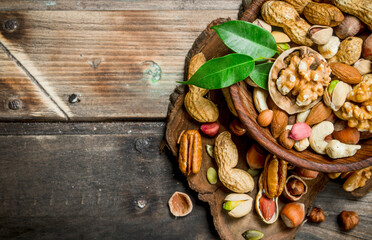 Different kinds of nuts in bowl with leaves.