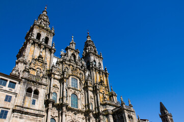 Fototapeta na wymiar extreme wide angle looking up at the front of the cathedral. Santiago de Compostela, Spain