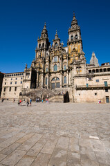 Fototapeta premium extreme wide angle looking up at the front of the cathedral. Santiage de Compostela, Spain