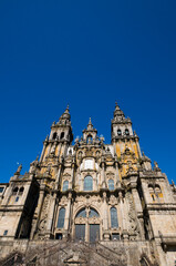 Fototapeta na wymiar extreme wide angle looking up at the front of the cathedral. Santiage de Compostela, Spain