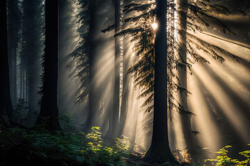 Sunbeams through the fog and a natural forest of spruce trees create a mystical atmosphere. Generative AI