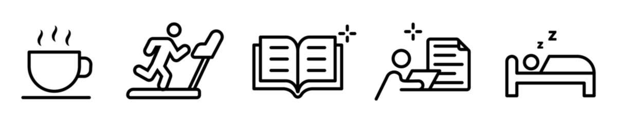 Conjunto de iconos de estilo de vida. bebidas y alimentos, entrenamiento, estudios, trabajo, dormir. Ilustración vectorial