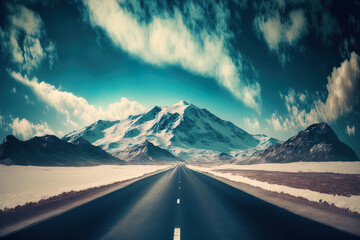 empty asphalt road and snow mountains in blue cloud sky. Generative AI