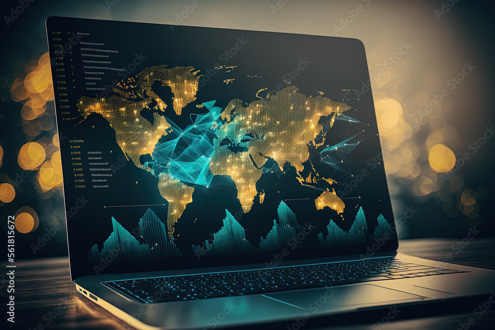 Poster world map and abstract financial chart in double exposure on a laptop background, representing resea