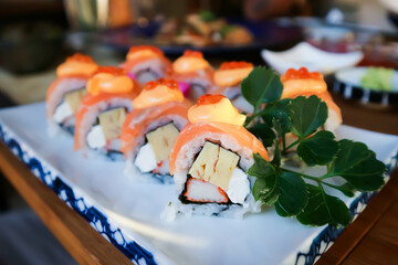 maki or salmon maki or sushi or salmon rolls, Japanese food or sushi