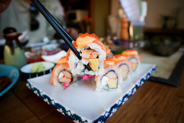 maki or salmon maki or sushi or salmon rolls, Japanese food or sushi