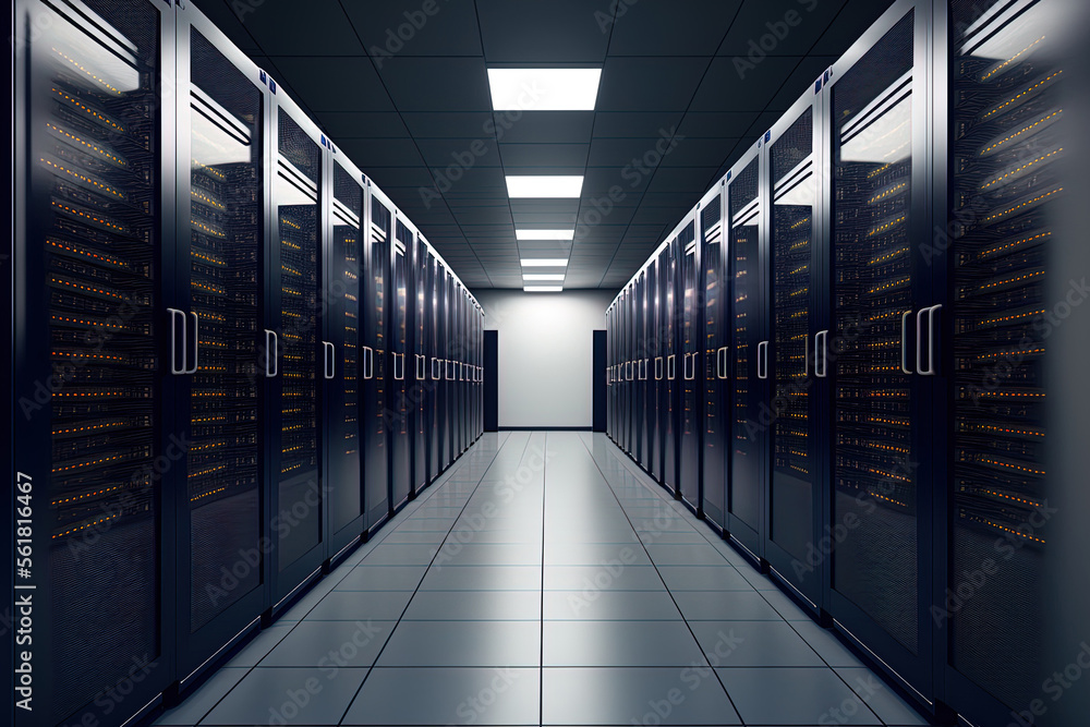 Poster data center with server racks in the room. generative ai