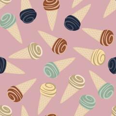 Retro ice cream repeat design. Vintage cone pattern. Pastel colors seamless background.